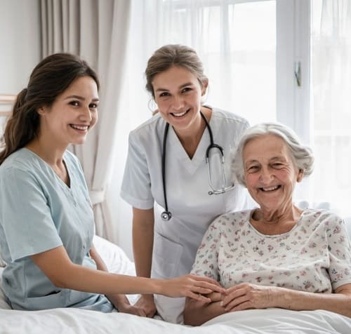 Elderly in a wheelchair and female nurse smiling